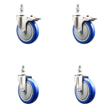 Service Caster 5 Inch 316SS Blue Polyurethane 1/2 Inch Threaded Stem Caster Lock Brake SCC, 2PK SS316TSTTL20S514-PPUBBLUE-121315-2S2